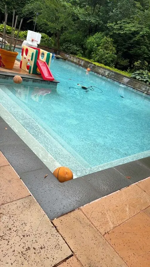 Family backyard pool with clear blue water